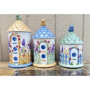 Mesa‎ International Birdhouse Canister Set 3 Ceramic Handpainted Garden Floral